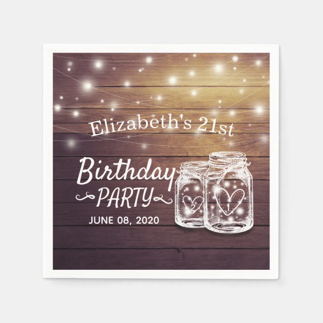 Birthday Party Rustic Wood Mason Jar String Lights Napkin (Front)
