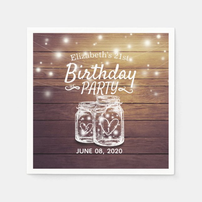 Birthday Party Rustic Wood Mason Jar String Lights Napkin (Front)