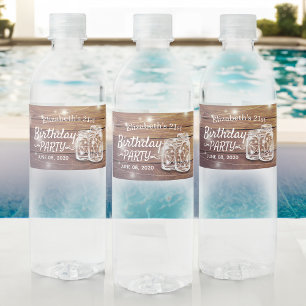 Birthday Party Rustic Wood Mason Jar String Lights Water Bottle Label