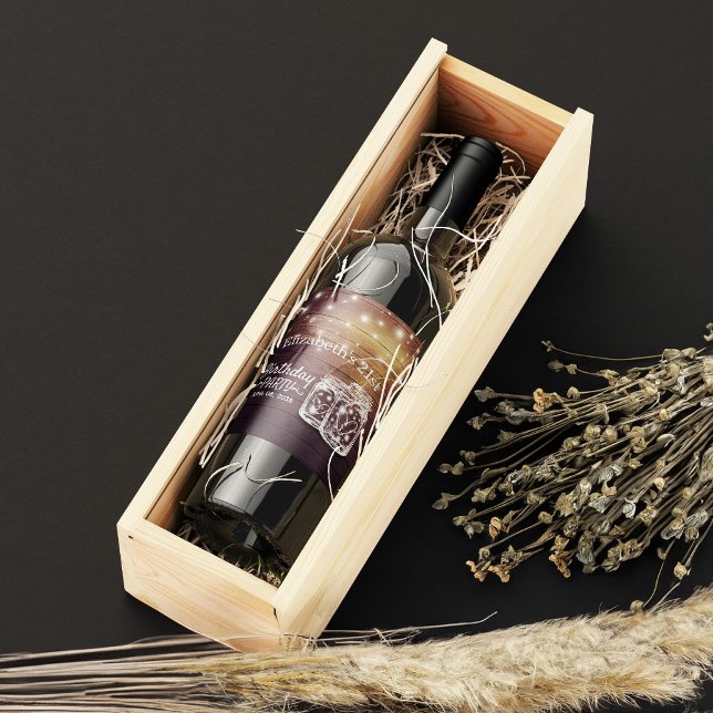 Birthday Party Rustic Wood Mason Jar String Lights Wine Label (Creator Uploaded)