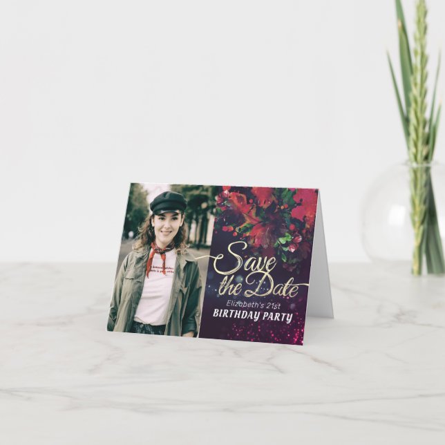 Birthday Party Save The Date Burgundy Floral Photo Invitation (Front)
