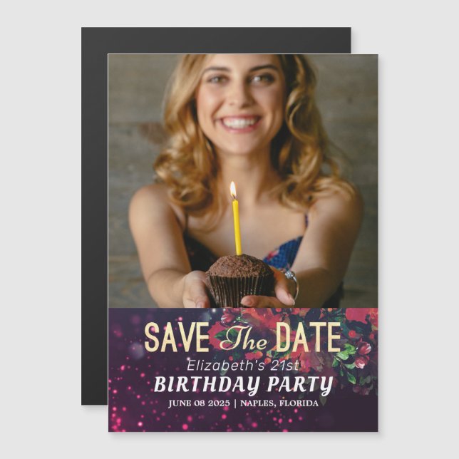 Birthday Party Save The Date Burgundy Floral Photo Magnetic Invitation (Front/Back)
