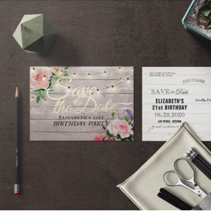 Birthday Party Save The Date Flowers Wood Lights Invitation Postcard