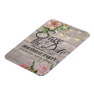 Birthday Party Save The Date Flowers Wood Lights Magnet