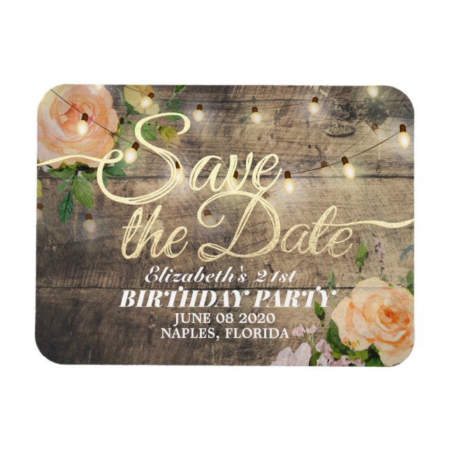 Birthday Party Save The Date Flowers Wood Lights Magnet (Horizontal)