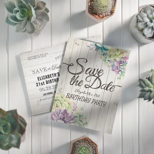 Birthday Party Save The Date Succulent Rustic Wood Invitation Postcard (Creator Uploaded)