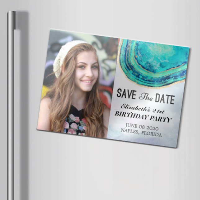 Birthday Party Save The Date Teal Gold Agate Photo Magnetic Invitation (Creator Uploaded)