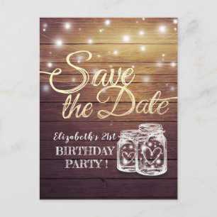 Birthday Party Save The Date Wood Mason Jar Lights Invitation Postcard