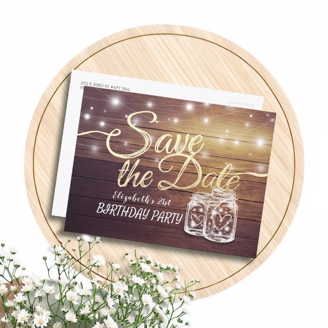 Birthday Party Save The Date Wood Mason Jar Lights Invitation Postcard (Creator Uploaded)