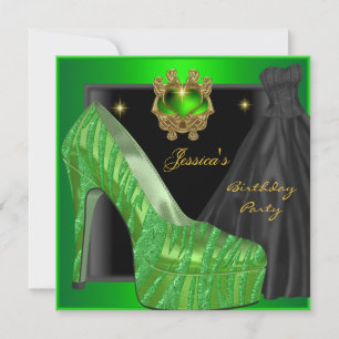 Birthday Party Shoe Gold Lime Green Black Zebra Invitation