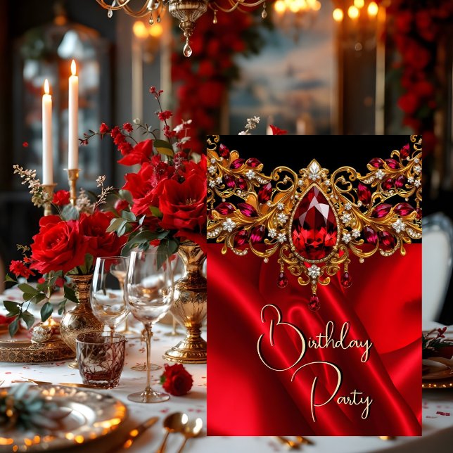 Birthday Party Silk Ruby Red jewel Gem Black Invitation (Creator Uploaded)