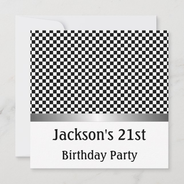 Birthday Party Silver Black & White Check Pattern Invitation (Front)