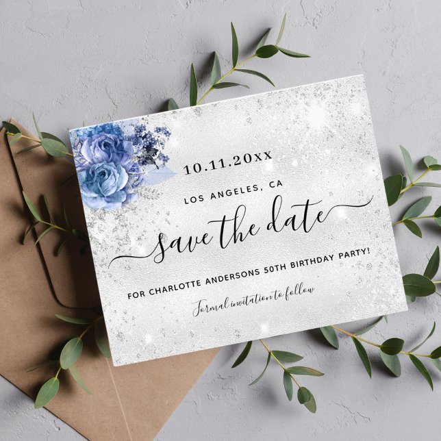 Birthday party silver blue budget save the date flyer (Creator Uploaded)
