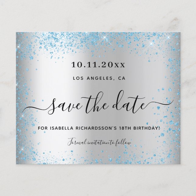 Birthday party silver blue budget save the date flyer (Front)