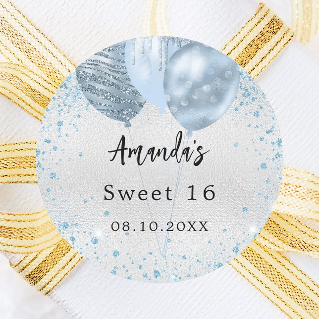 Birthday party silver blue glitter balloons classic round sticker (Creator Uploaded)