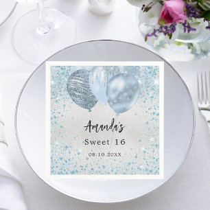 Birthday party silver blue glitter balloons napkin
