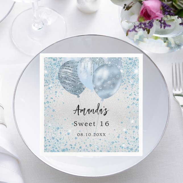 Birthday party silver blue glitter balloons napkin (Creator Uploaded)