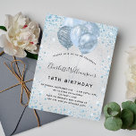 Birthday party silver blue glitter invitation postcard<br><div class="desc">For an elegant 18th (or any age) birthday. A faux silver metallic looking background. Decorated with blue faux glitter dust and balloons. Personalise and add a name, age and party details. The name is written with a hand lettered style script. Tip: If you don't want it to look like a...</div>