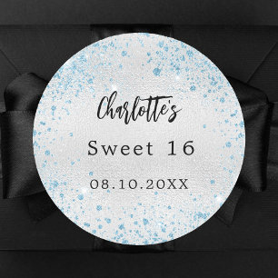 Birthday party silver blue glitter name classic round sticker
