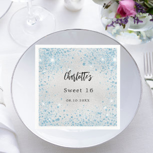 Birthday party silver blue glitter name napkin