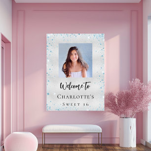 Birthday party silver blue glitter photo welcome  poster