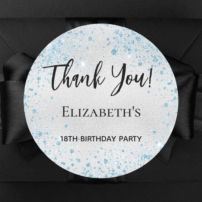 Birthday party silver blue glitter thank you classic round sticker (Creator Uploaded)