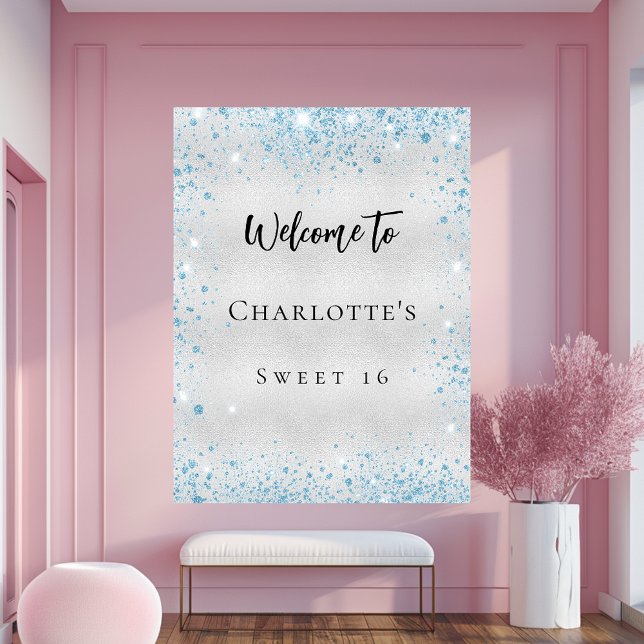 Birthday party silver blue glitter welcome poster (Creator Uploaded)
