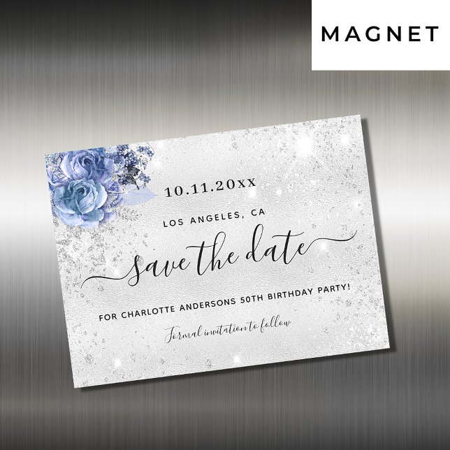 Birthday party silver blue save the date magnet (Creator Uploaded)