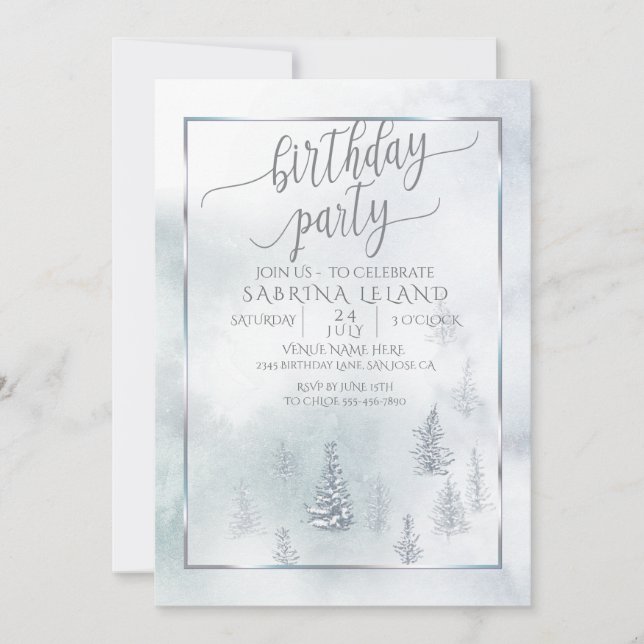 Birthday Party  |  Silver Blue Winter Wonderland Announcement (Front)