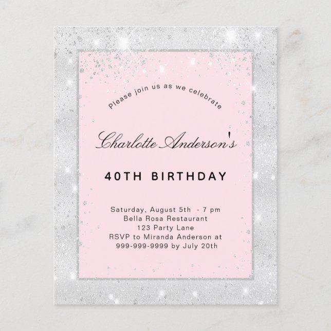 Birthday party silver blush pink glitter budget flyer (Front)