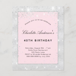 Birthday party silver blush pink glitter budget flyer
