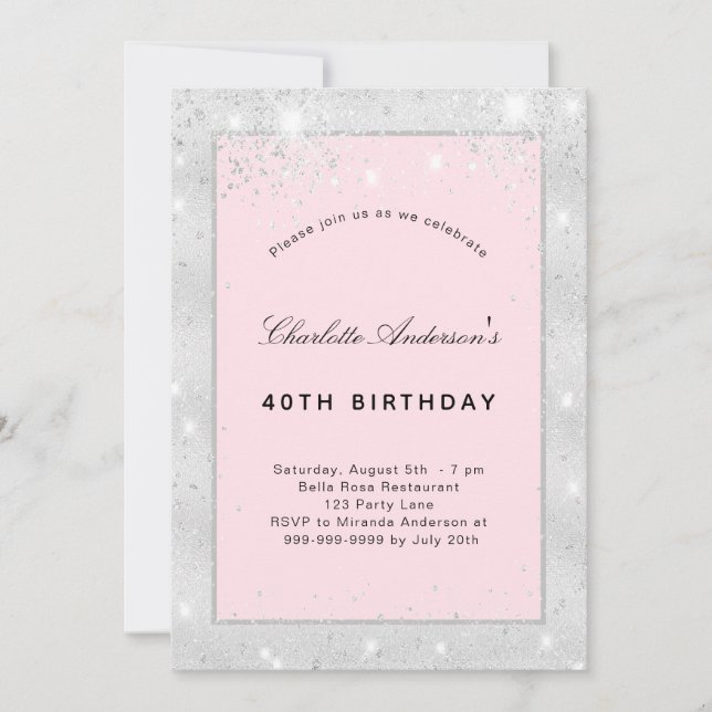 Birthday party silver blush pink glitter invitation (Front)