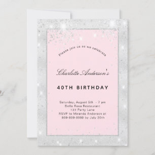 Birthday party silver blush pink glitter invitation