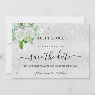Birthday party silver floral save the date 