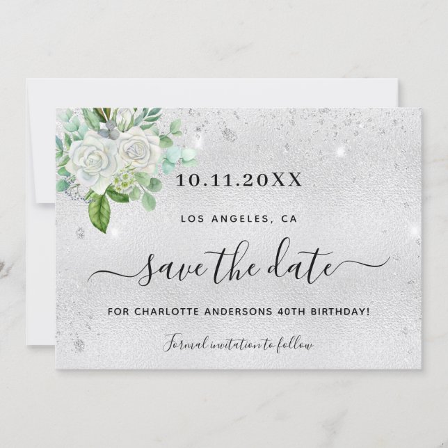 Birthday party silver floral save the date  (Front)