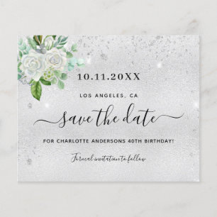 Birthday party silver floral save the date card