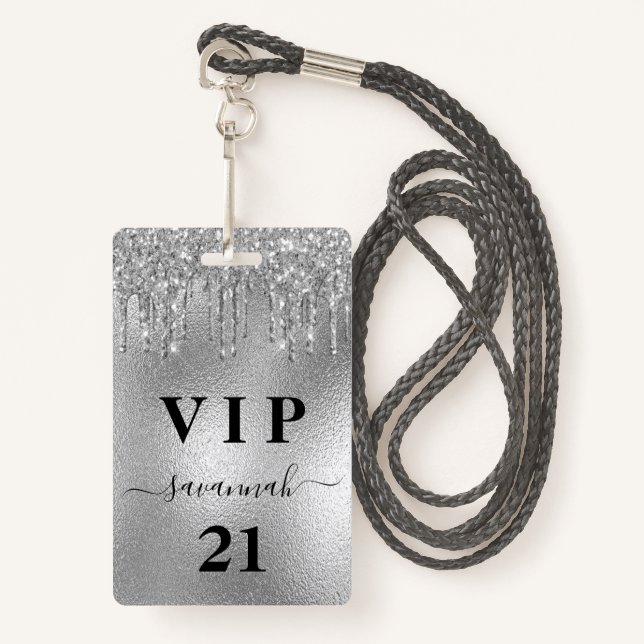 Birthday party silver glitter drips luxury vip ID badge (Front with Lanyard)