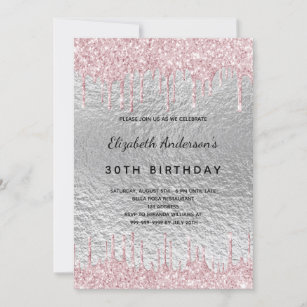 Birthday party silver glitter drips metal pink invitation