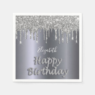 Birthday party silver glitter drips name balloon napkin