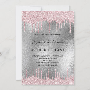 Birthday party silver glitter drips pink  invitation