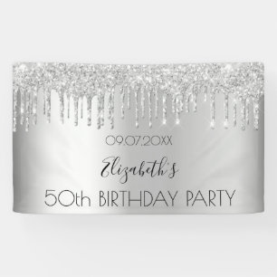 Birthday party silver glitter drips sparkle glam banner