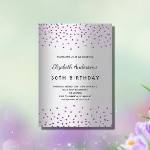 Birthday party silver glitter drops metal purple  invitation