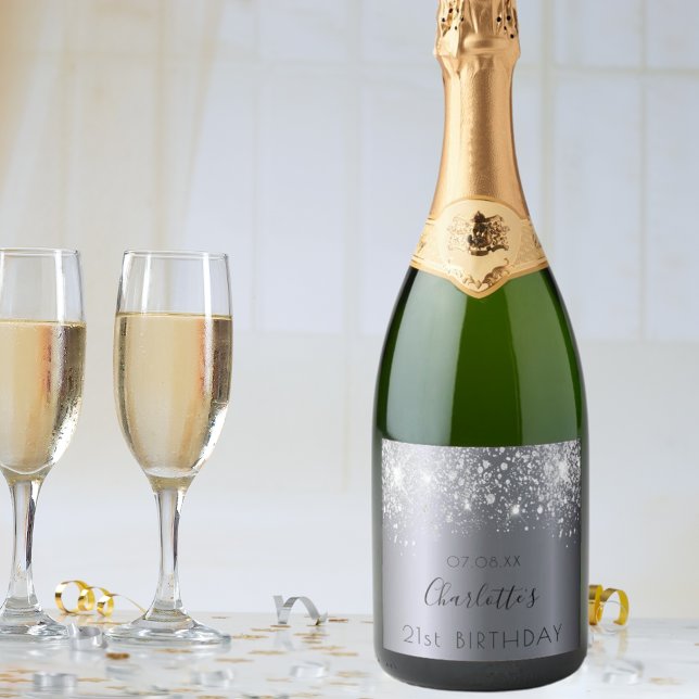 Birthday party silver glitter dust monogram sparkling wine label (Creator Uploaded)