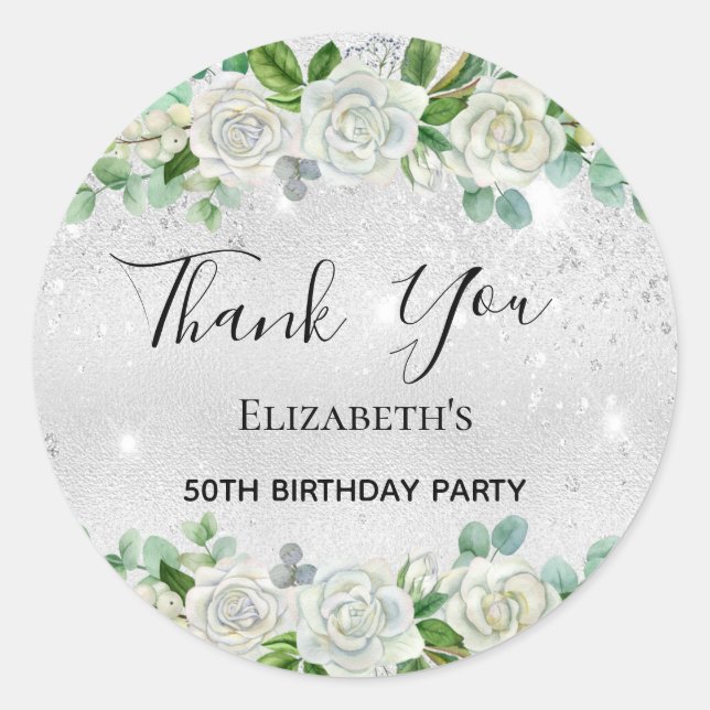 Birthday Party silver glitter floral Thank You Classic Round Sticker (Front)