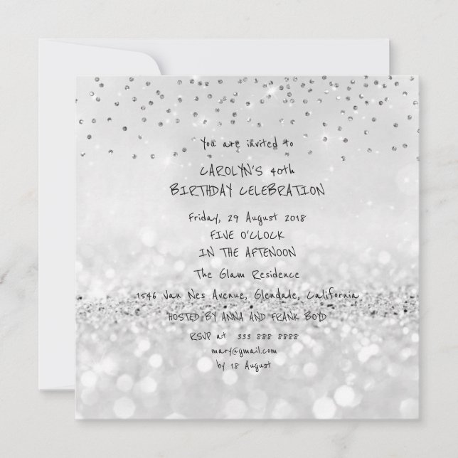 Birthday Party Silver Glitter Grey Black White Vip Invitation (Front)
