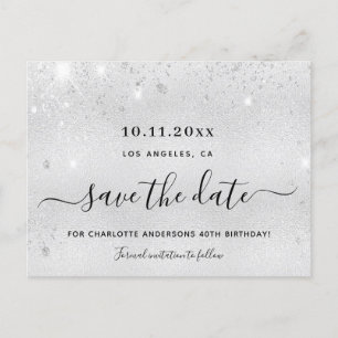 Birthday party silver glitter metal save the date announcement postcard