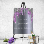 Birthday party silver glitter purple sparkle name<br><div class="desc">For a girly and glamourous 21st (or any age) birthday party. A faux silver looking background with elegant purple and faux silver glitter drips, paint dripping look. The text: The name is written in white with a modern hand lettered style script with swases. To keep the swashes only delete the...</div>