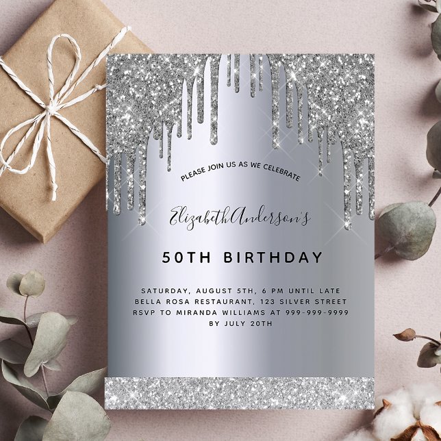 Birthday party silver glitter sparkle invitation postcard (Creator Uploaded)