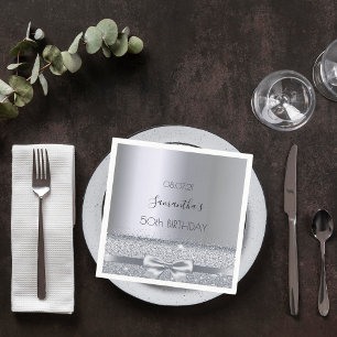 Birthday party silver metallic name bow napkin