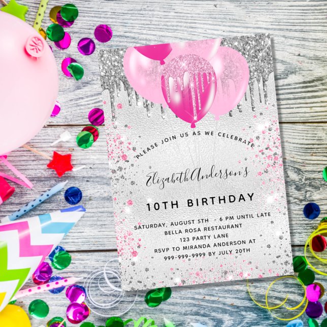 Birthday party silver pink glitter balloons girl invitation (Creator Uploaded)